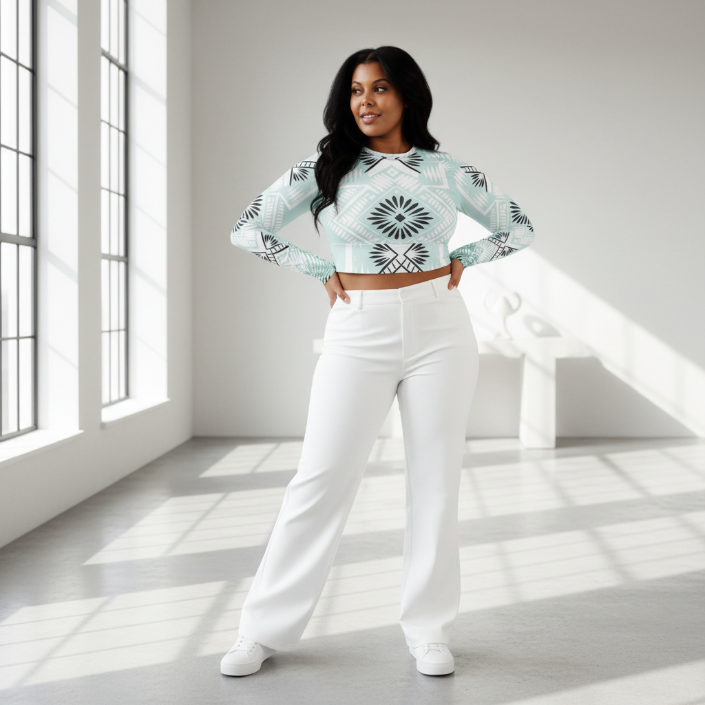 Woman with long dark hair in mint geometric crop top white wide-leg pants modern interior