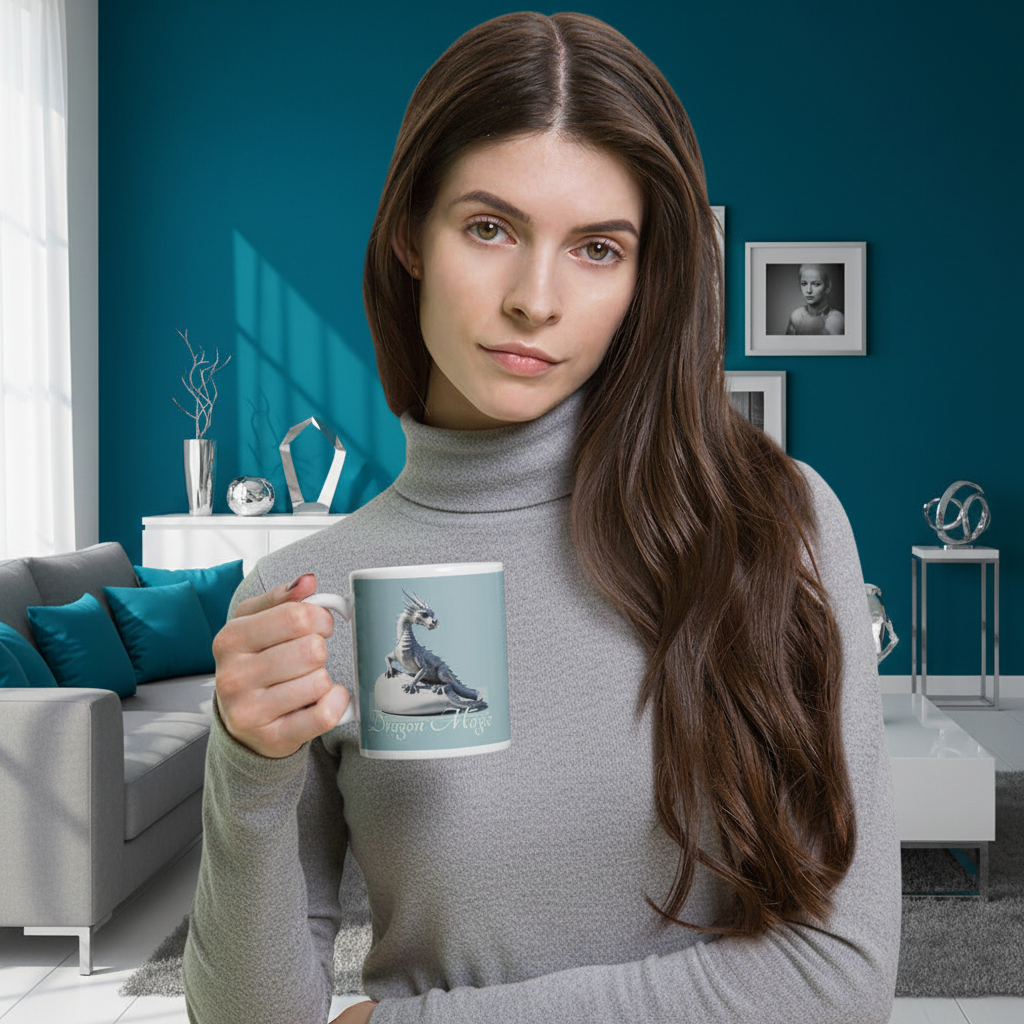 Woman with silver dragon mug in coordinated turquoise living room