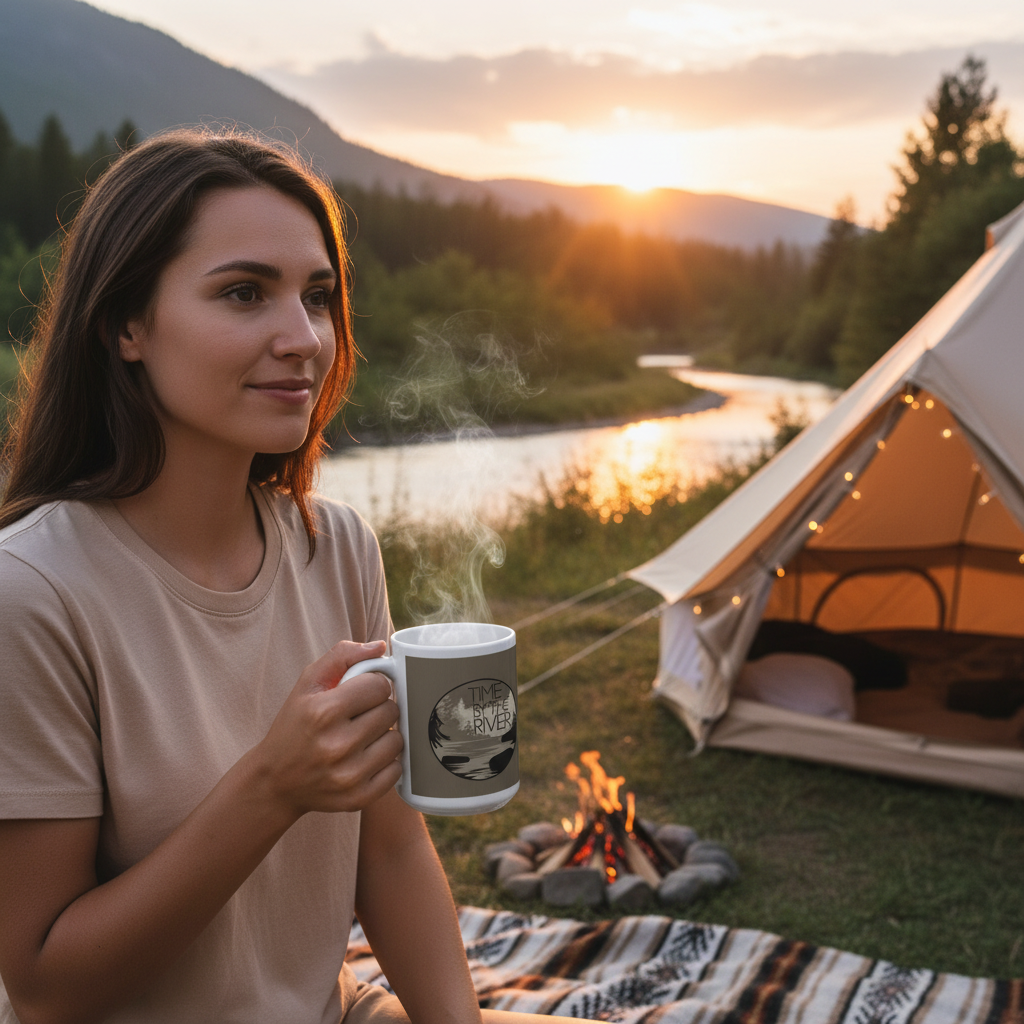 Woman with white Time by the River ceramic mug at riverside camping spot during golden hour