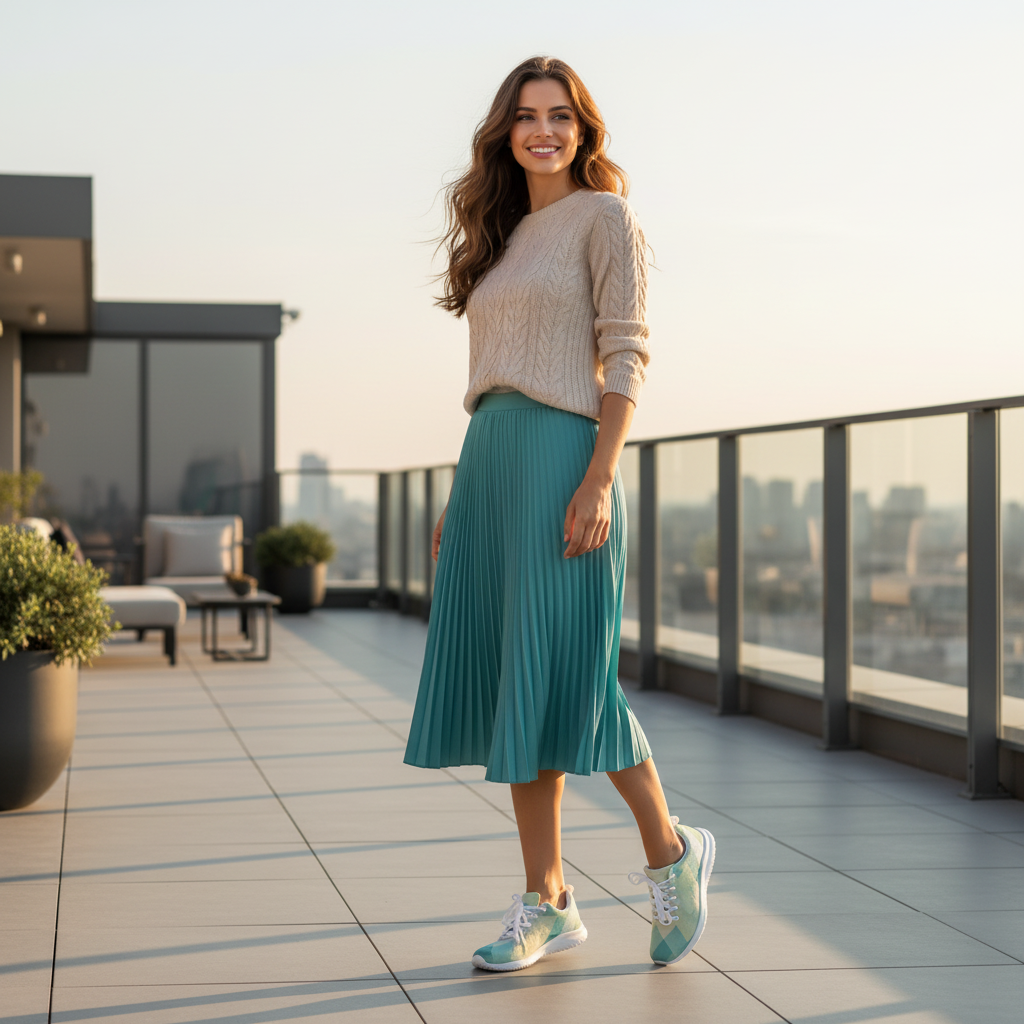Women's turquoise geometric athletic shoes with turquoise midi dress cream beige knit sweater luxury rooftop terrace elegant outfit