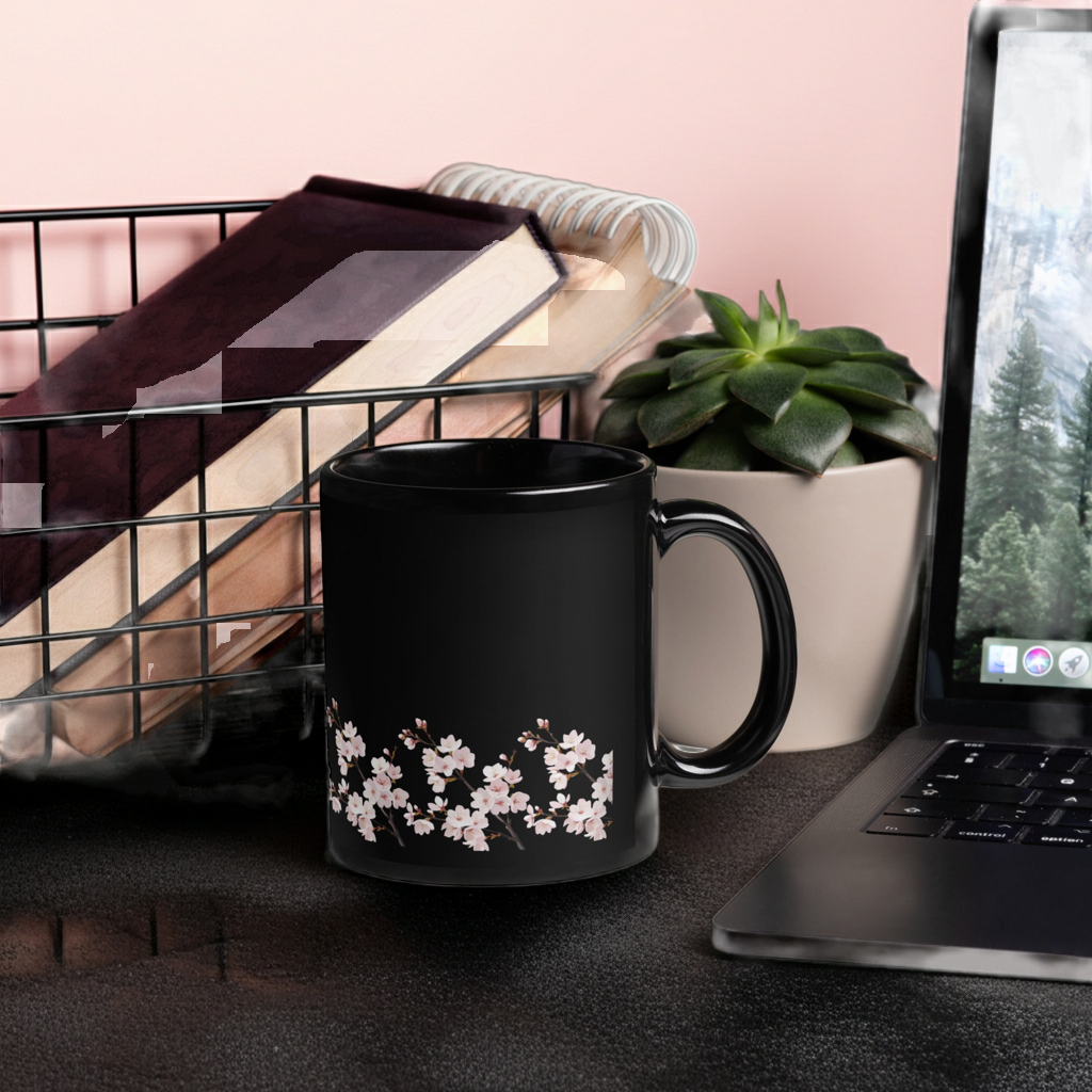 Mug Fleur de cerisier noire | Élégante tasse à café Sakura avec finition brillante