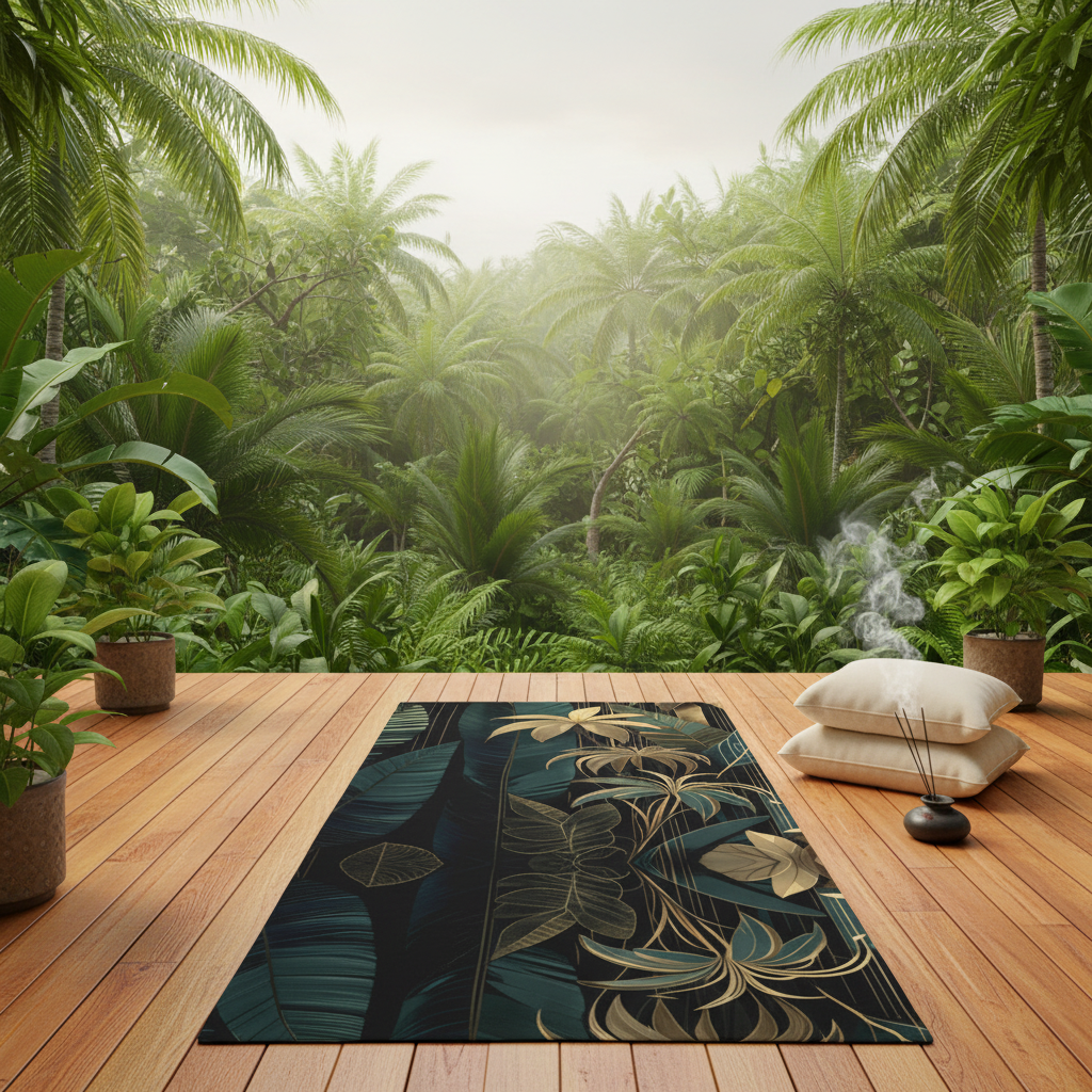 Yoga wellness space with emerald and gold art deco beach towel on wooden deck in jungle setting