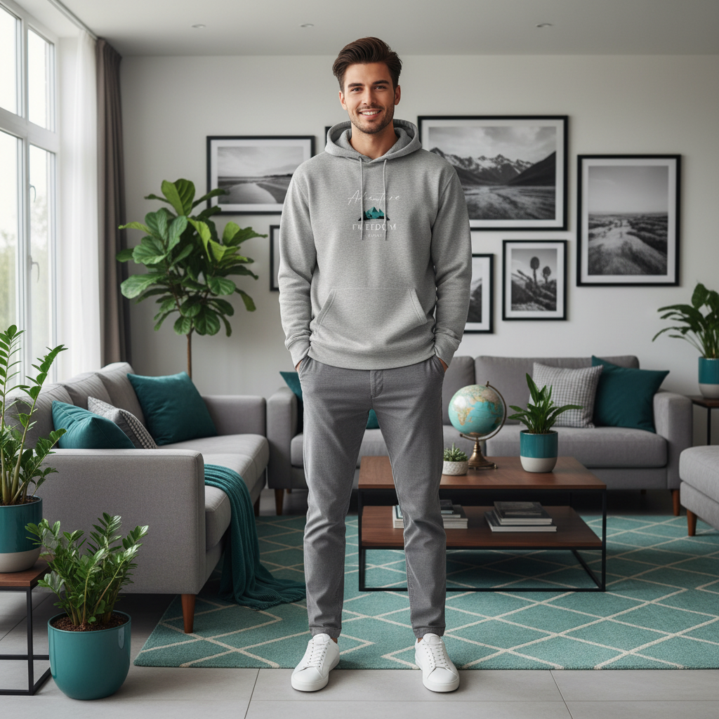 Young man in carbon grey Adventure Freedom Travel hoodie in modern living room
