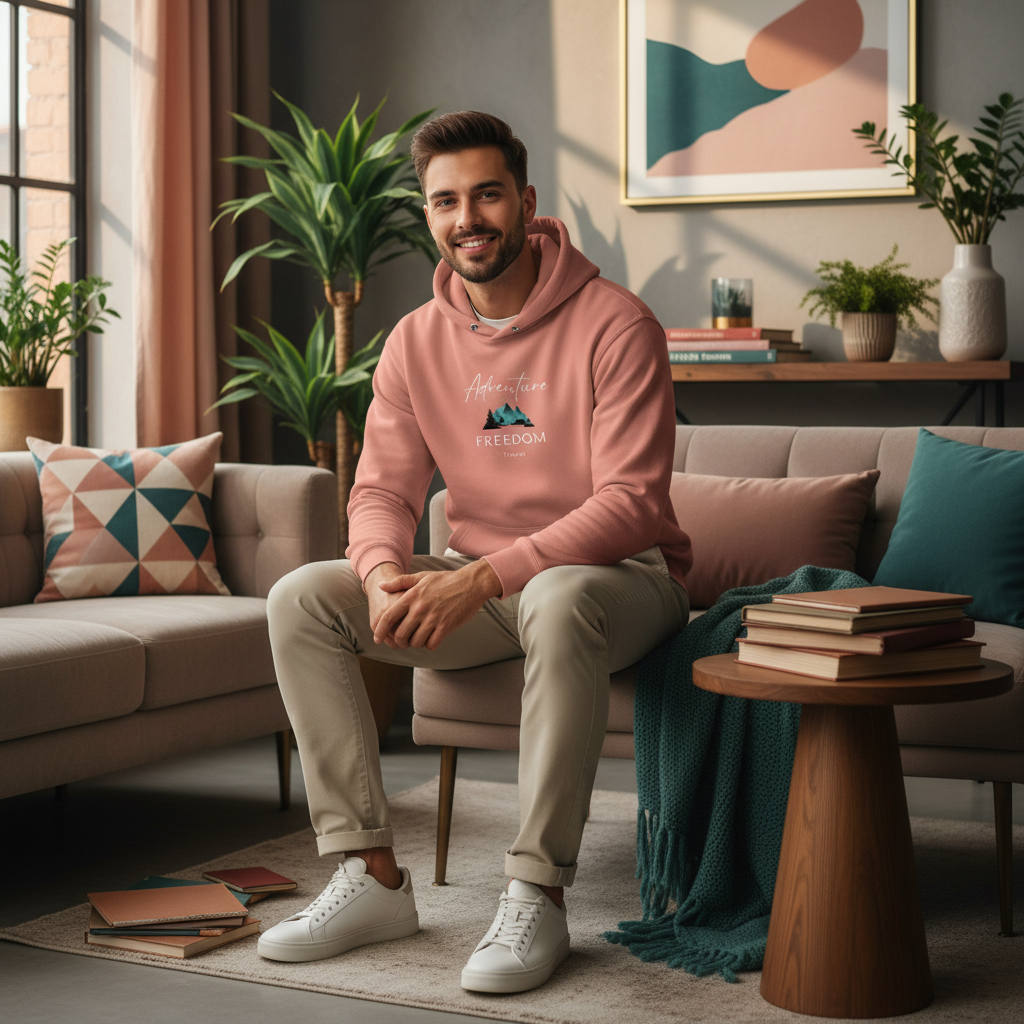 Young man in dusty rose Adventure Freedom Travel hoodie in modern apartment
