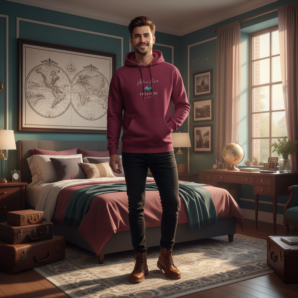 Young man in maroon Adventure Freedom Travel hoodie in modern bedroom