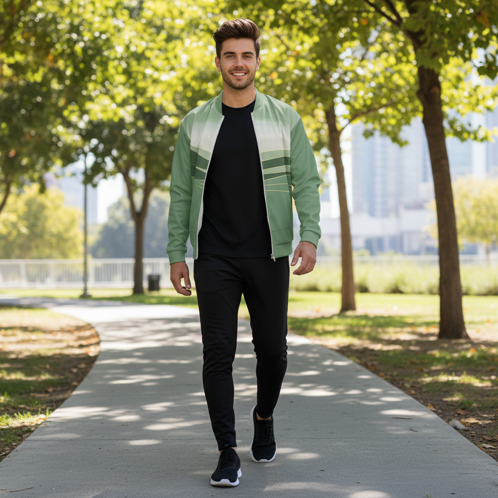 Young man in open green bomber with black athletic outfit