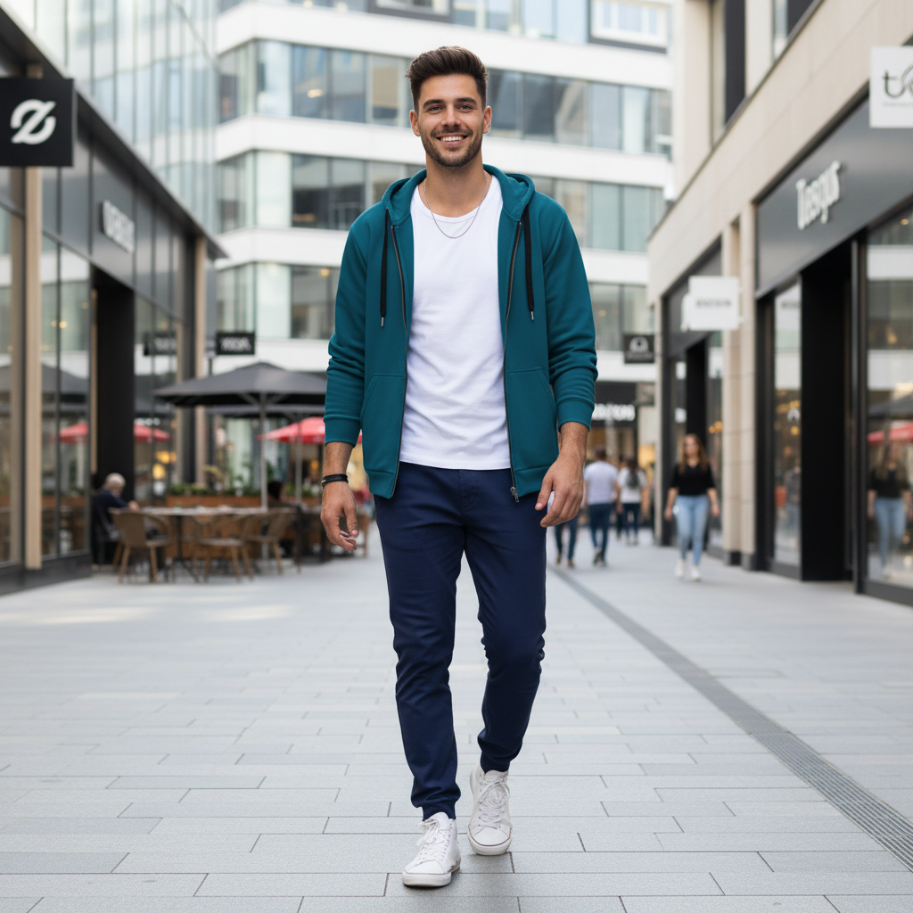 Young man in open teal zip hoodie with navy joggers in shopping district