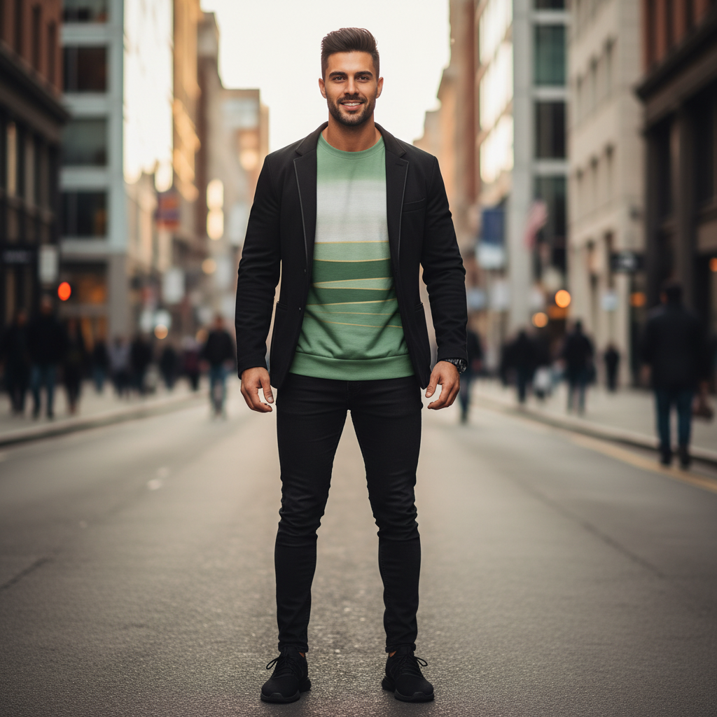 Young man with short dark hair in green sweatshirt with black jacket