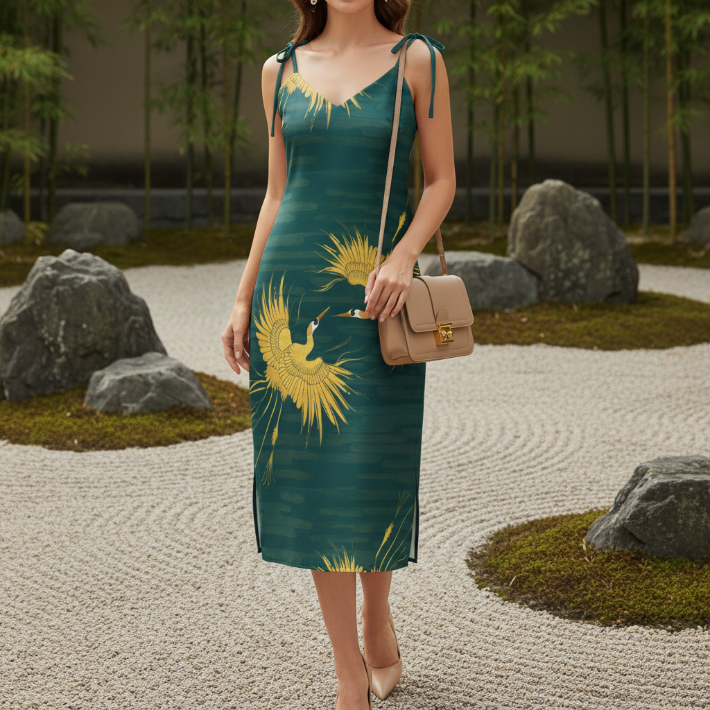Zen Garden Lifestyle green midi dress modern style dark green dress with cranes birds 
